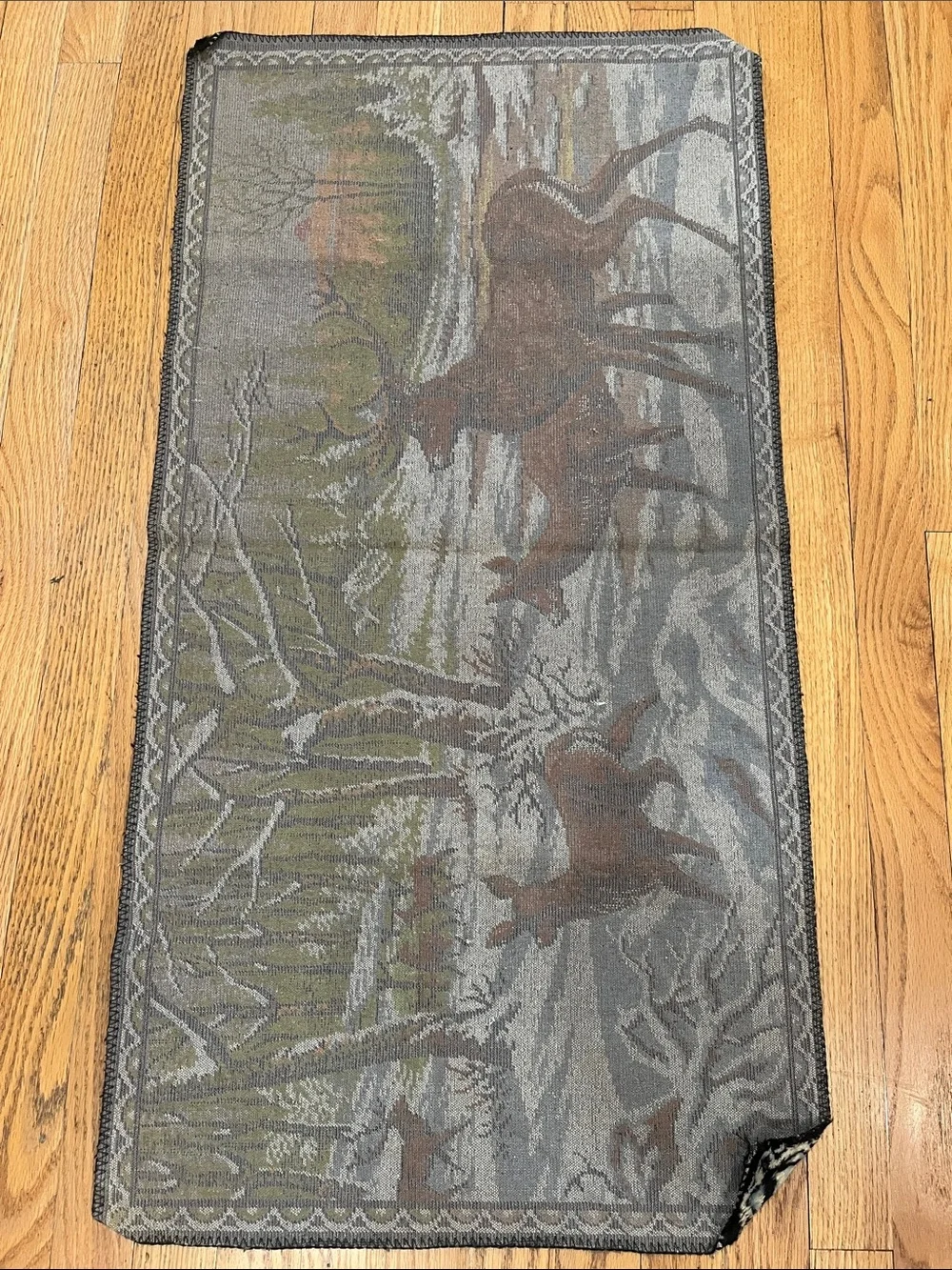 Vtg Deer Snow Woods Scene Tapestry Wall Hanging Table Runner 38.5x19.75 Cabin